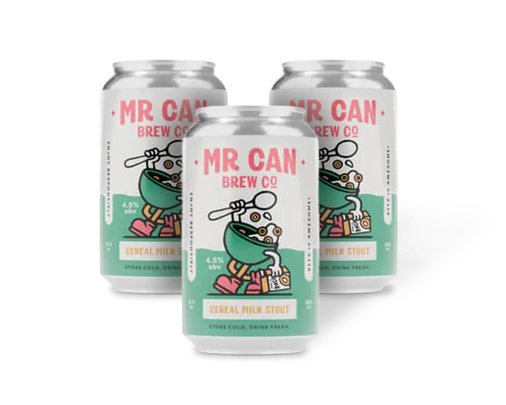 Three cans of "Mr Can Brew Co Cereal Milk Stout" with a playful cartoon labels featuring a character in a cereal bowl.