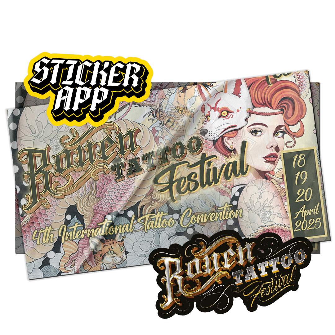 Rouen Tattoo Festival 2025のポスターと、StickerAppのステッカー、金文字のフェスティバルロゴステッカー