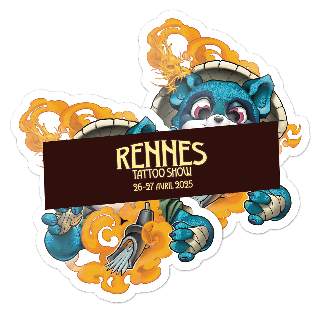 青いアライグマ、金色の龍、タトゥーマシンを描いたRennes Tattoo Show 2025のダイカットステッカー