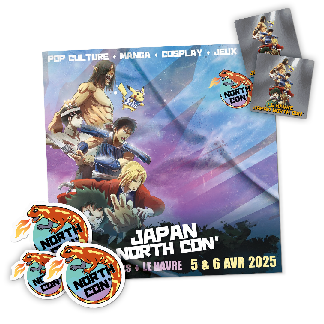 ル・アーヴルで開催されたJapan North Con' 2025のアニメポスターと、サラマンダーのロゴのダイカットステッカー