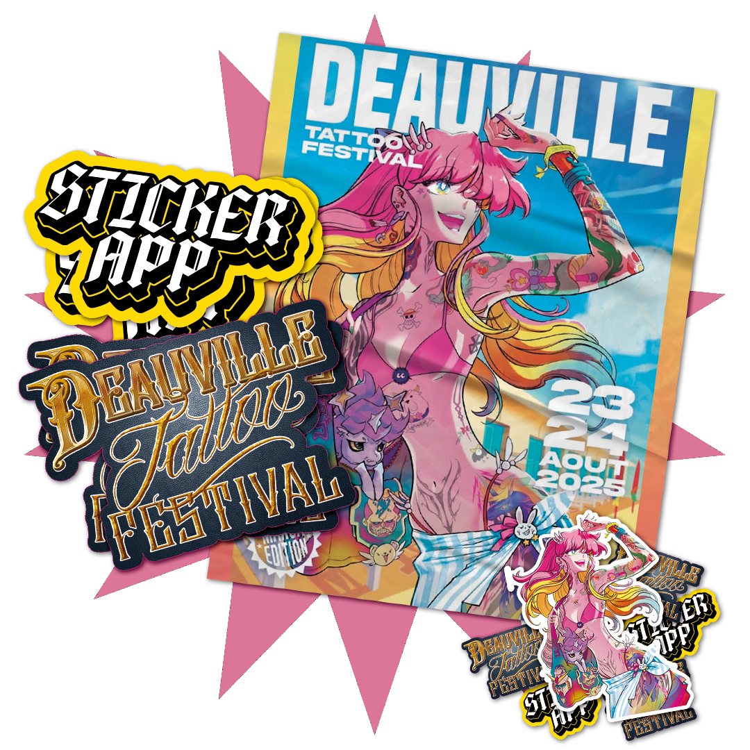 タトゥーを入れたアニメ風の女性が描かれたDeauville Tattoo FestivalのポスターとStickerAppコラボステッカー