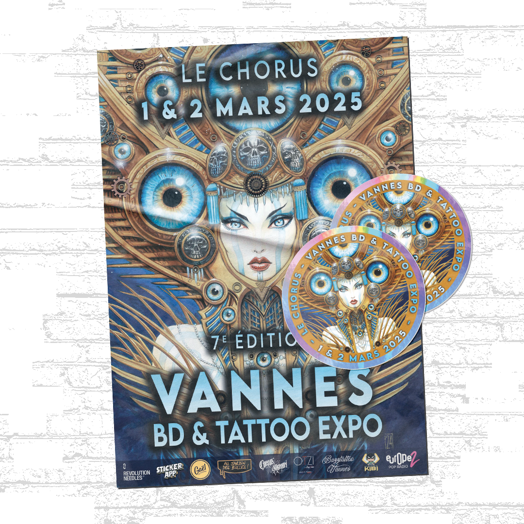 Vannes BD & Tattoo Expo 2025のポスターと、おそろいの丸いホログラムステッカー