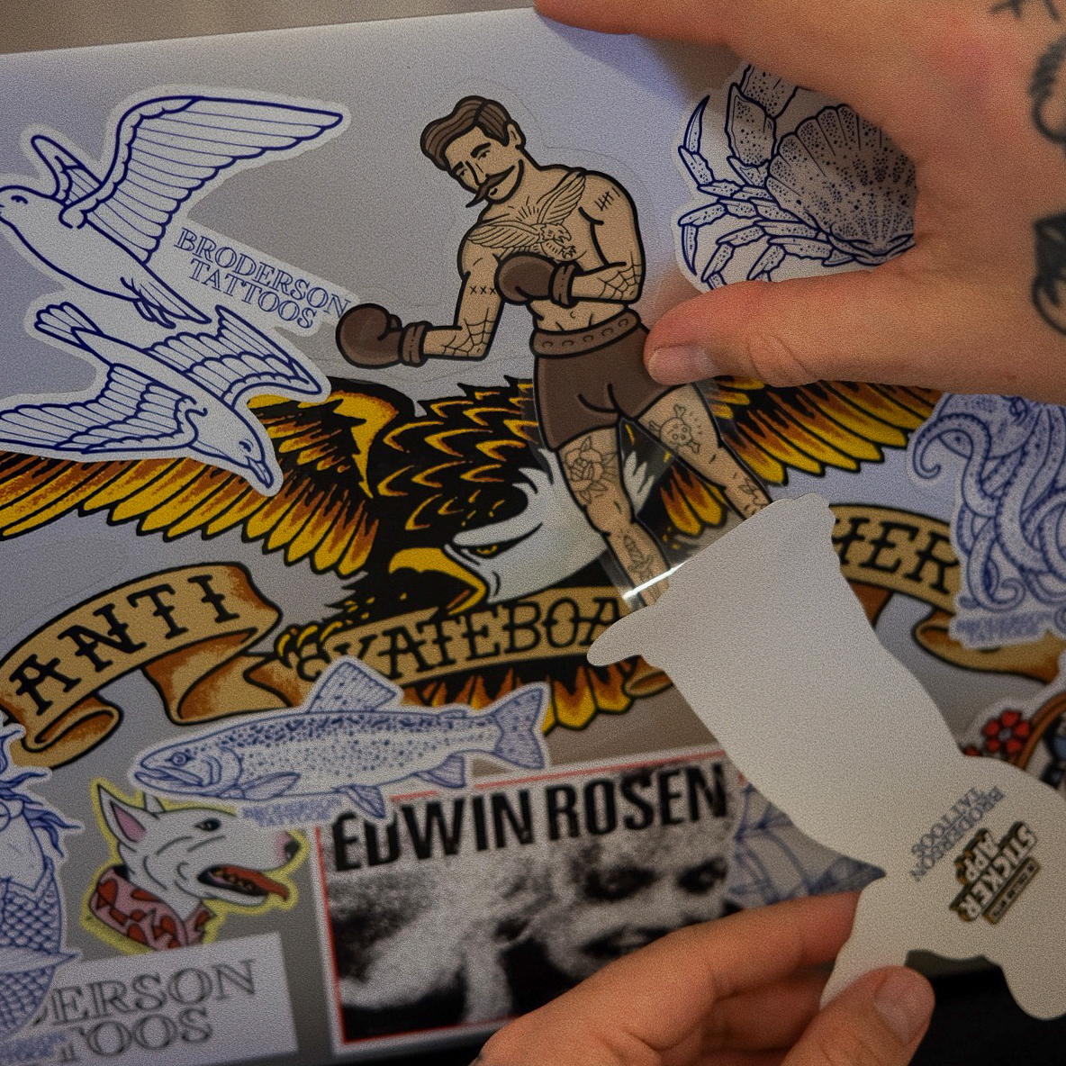 transparent die cut sticker with tattooed old skool boxer