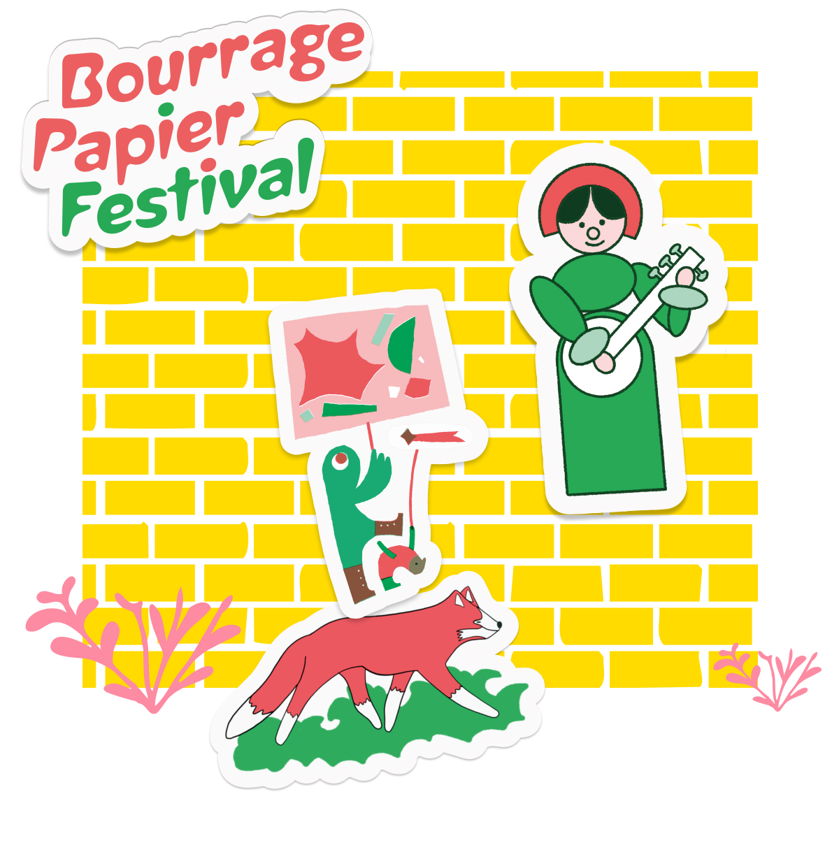 黄色いレンガ壁を背景にしたBourrage Papier Festivalのステッカー(キツネ、バンジョー奏者、看板を持つキャラクター)