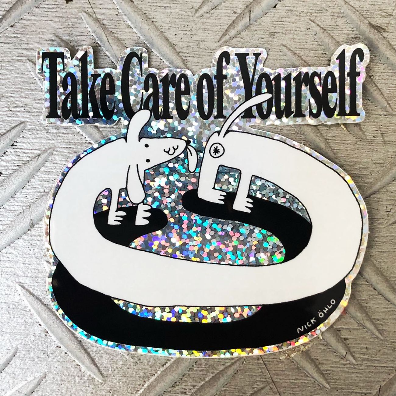 A dog twisted in a circle, licking its own bum, with the text "Take care of yourself" against a metal background.