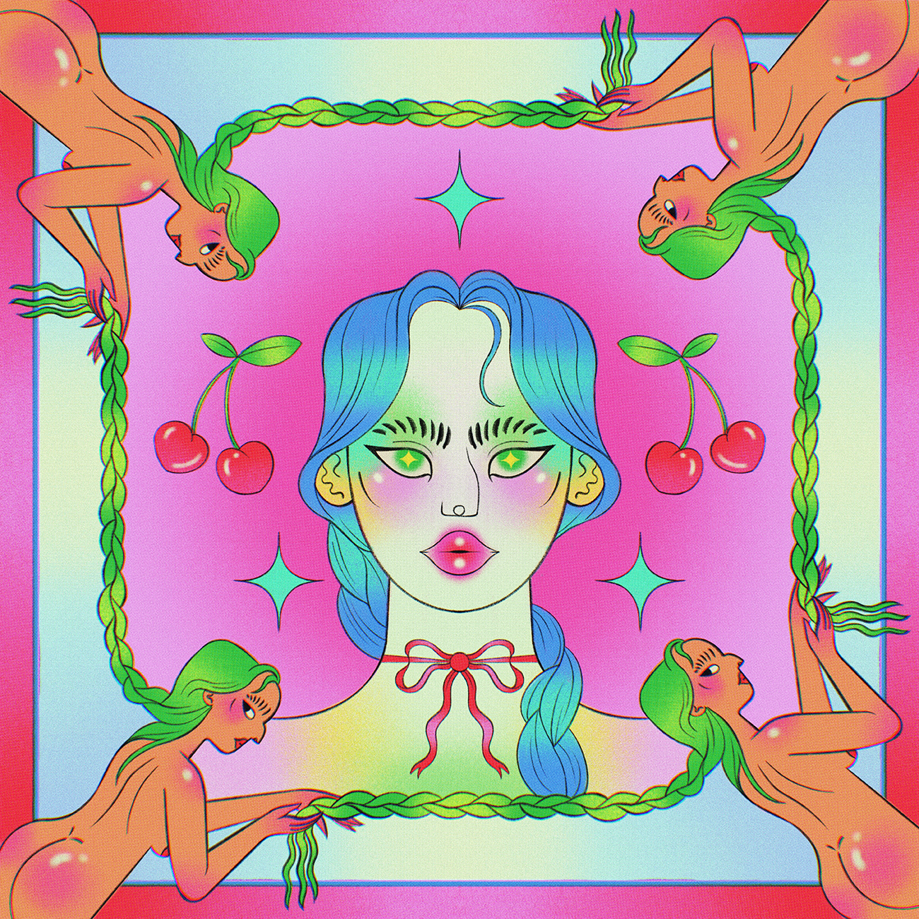 Surreal illustration of a face with blue hair, surrounded by four green-haired figures, cherries, and stars on a vivid pink and red background.