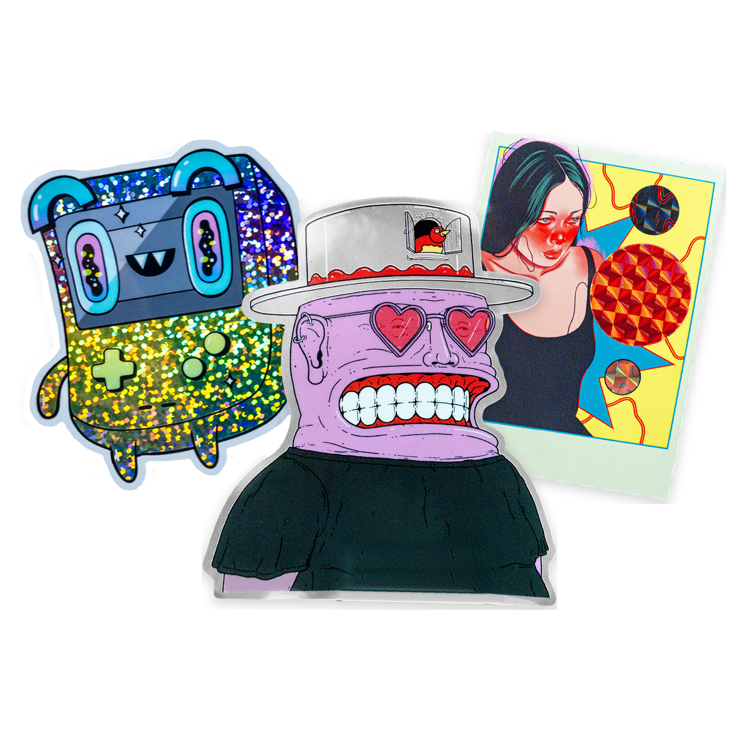 グリッター、ミラー、プリズムのオリジナルステッカー:ゲーム機のキャラクター、ハート型サングラスの笑う男性、青緑の髪の女性のポートレート