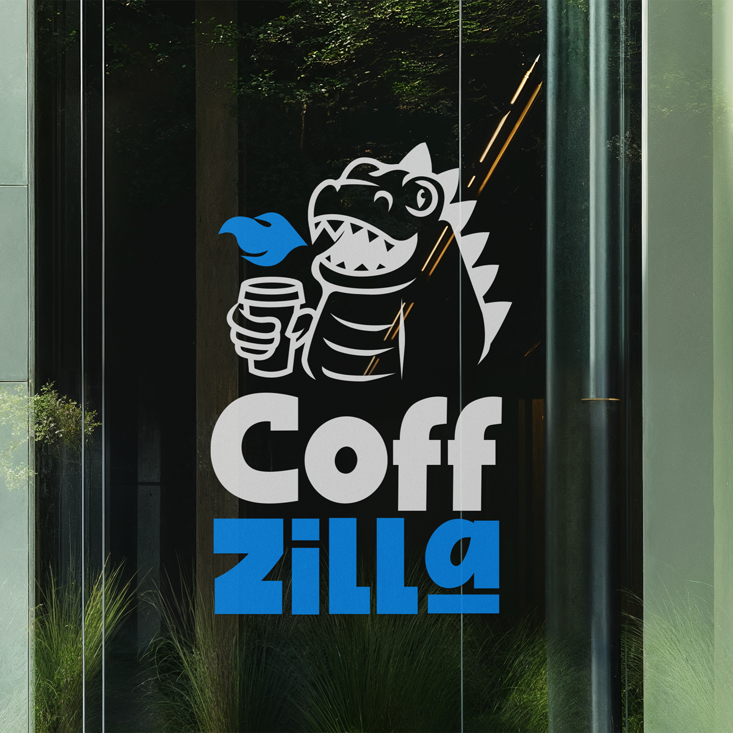 ガラス面に「CoffZilla」のビニール転写。コーヒーカップを持った漫画のドラゴンが描かれ、スタイリッシュな青と白のテキスト。