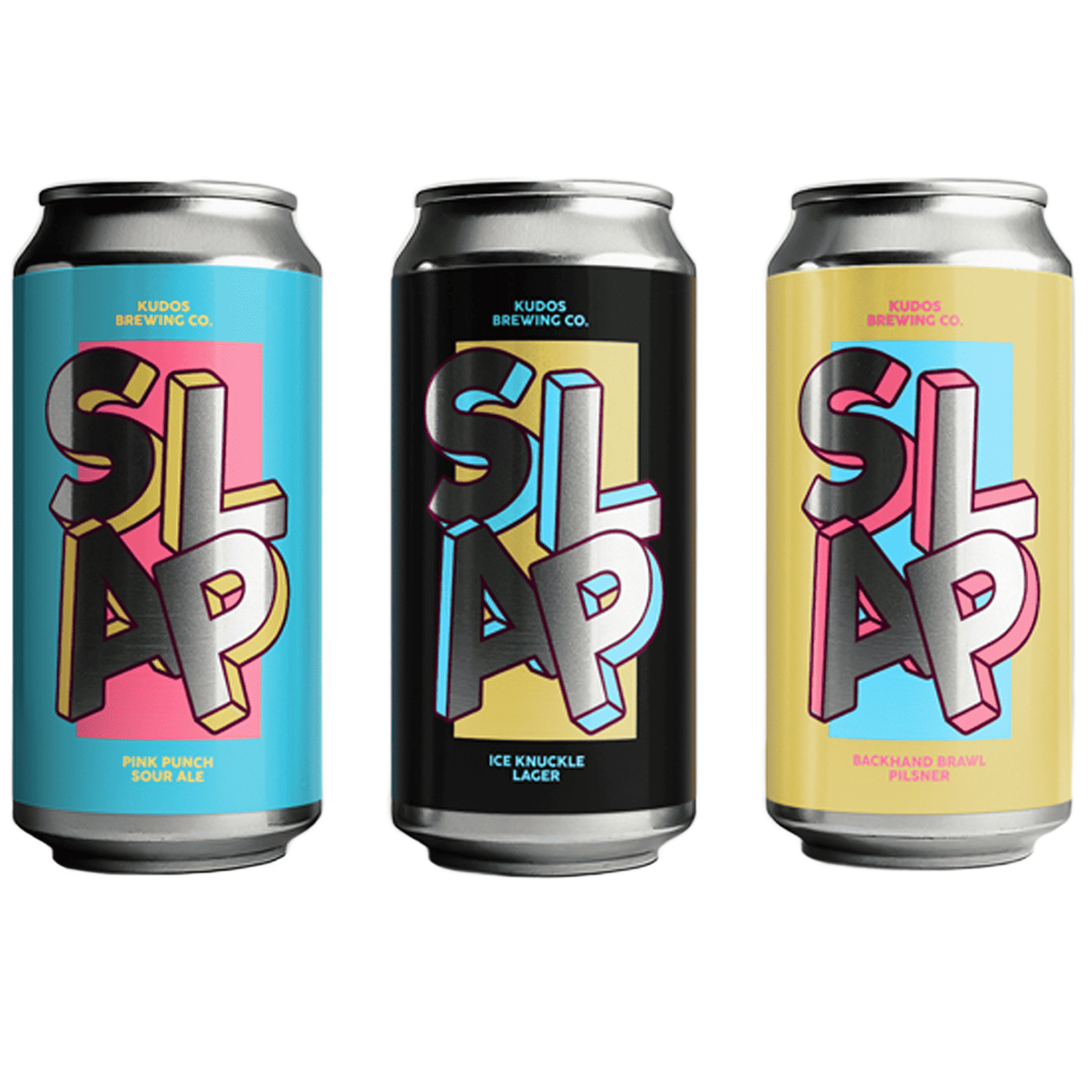 Kudos Brewing Co.のSLAPビールのオリジナルラベルを貼ったビール缶3本。太い文字をメタリックシルバーで仕上げたデザイン