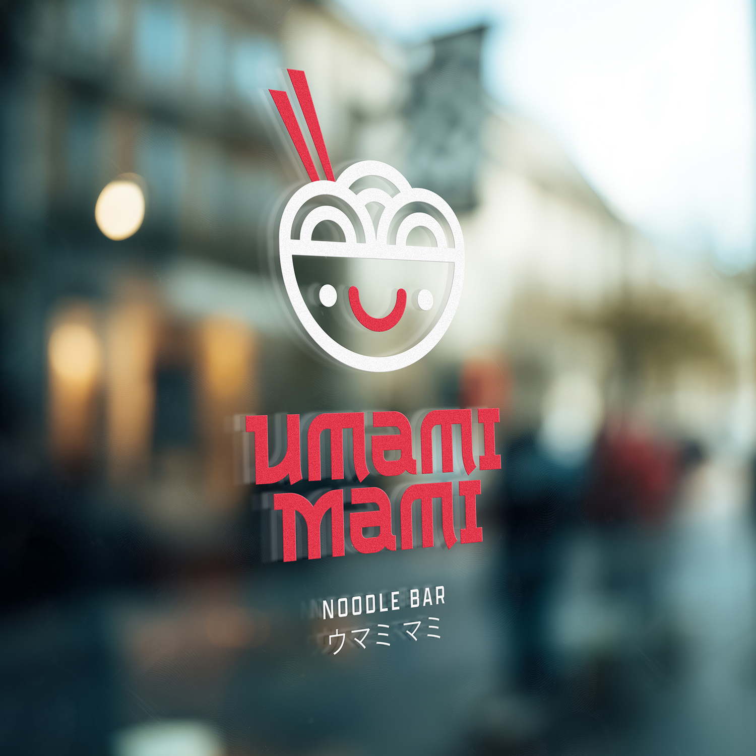 Vinyl Transfer Logo on glass showing a smiling bowl of noodles with chopsticks above the text “Umami Mami” and Japanese characters, with a blurred street background.