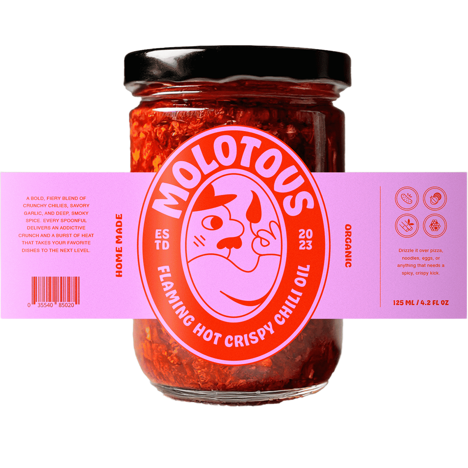 ピンクと赤の巻きラベル（オリジナルラベル）を貼ったMolotous Flaming Hot Crispy Chili Oilのガラス瓶