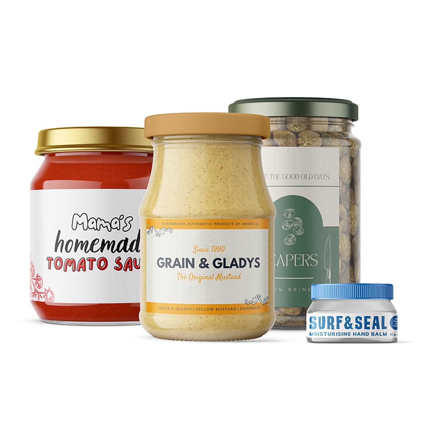 「Mama's homemade」トマトソース、「Grain & Gladys」マスタード、ケッパー、「Surf & Seal」ハンドバームの瓶に貼ったオリジナルラベル