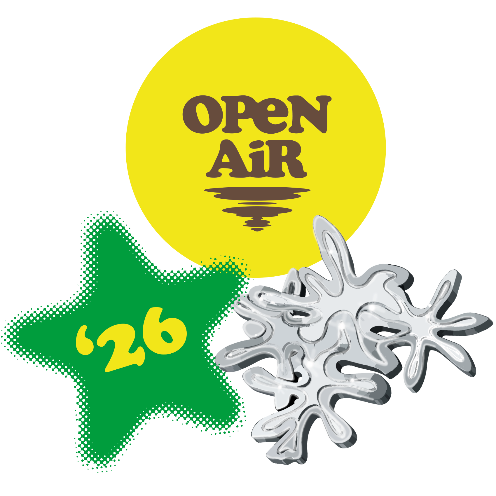 Open Airのロゴ、緑の’26スター、銀色の抽象的な形が描かれたカラフルなステッカー。