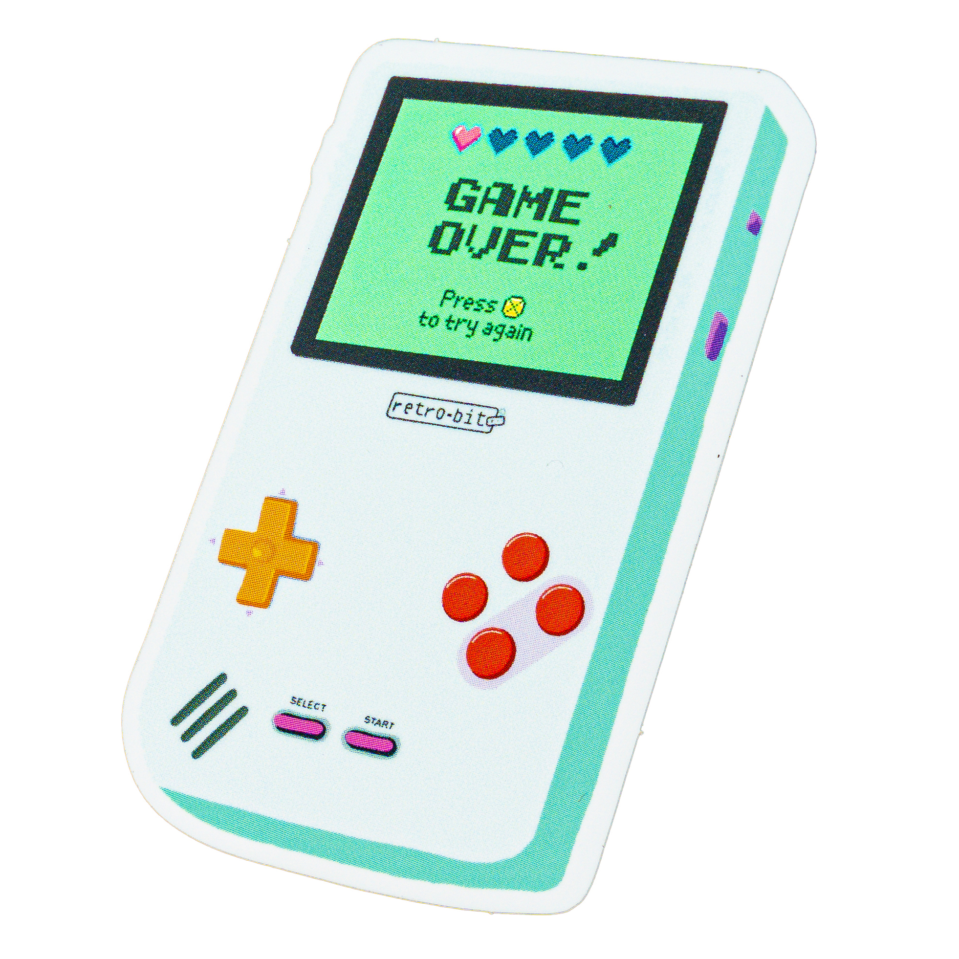 Playful sticker featuring a retro-style gaming device showing "GAME OVER!" and pixel hearts on the screen.