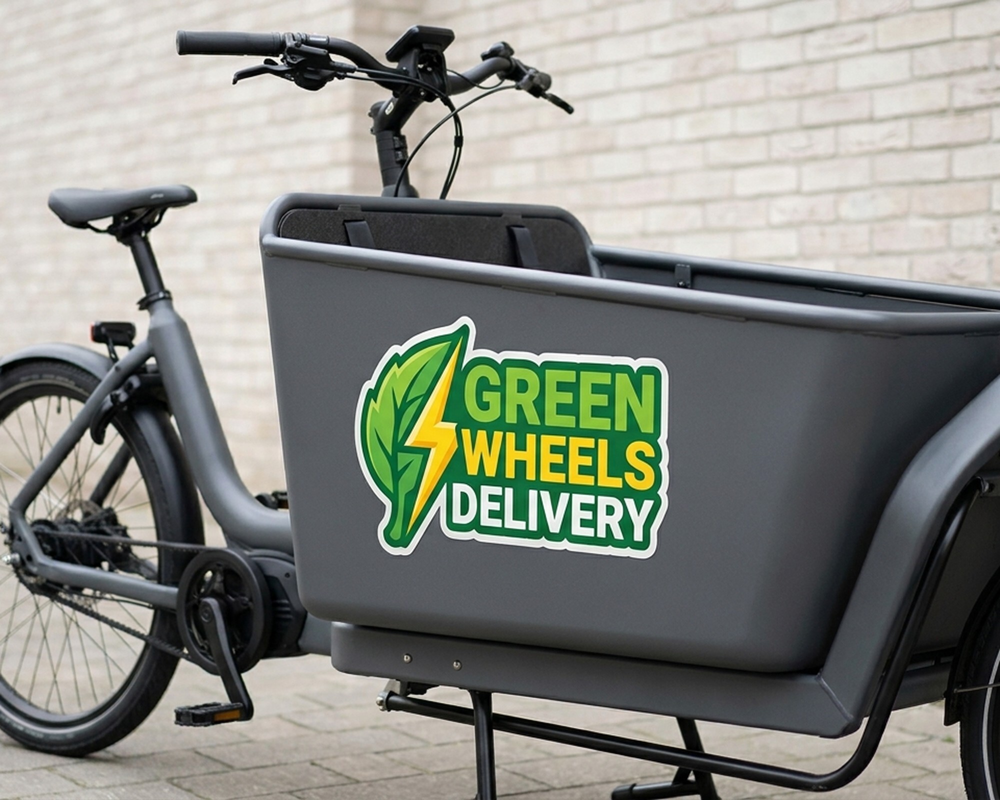 カーゴバイクの荷台ボックスに貼られた、葉と稲妻のロゴに「Green Wheels Delivery」の文字入りダイカットのオリジナルデカール