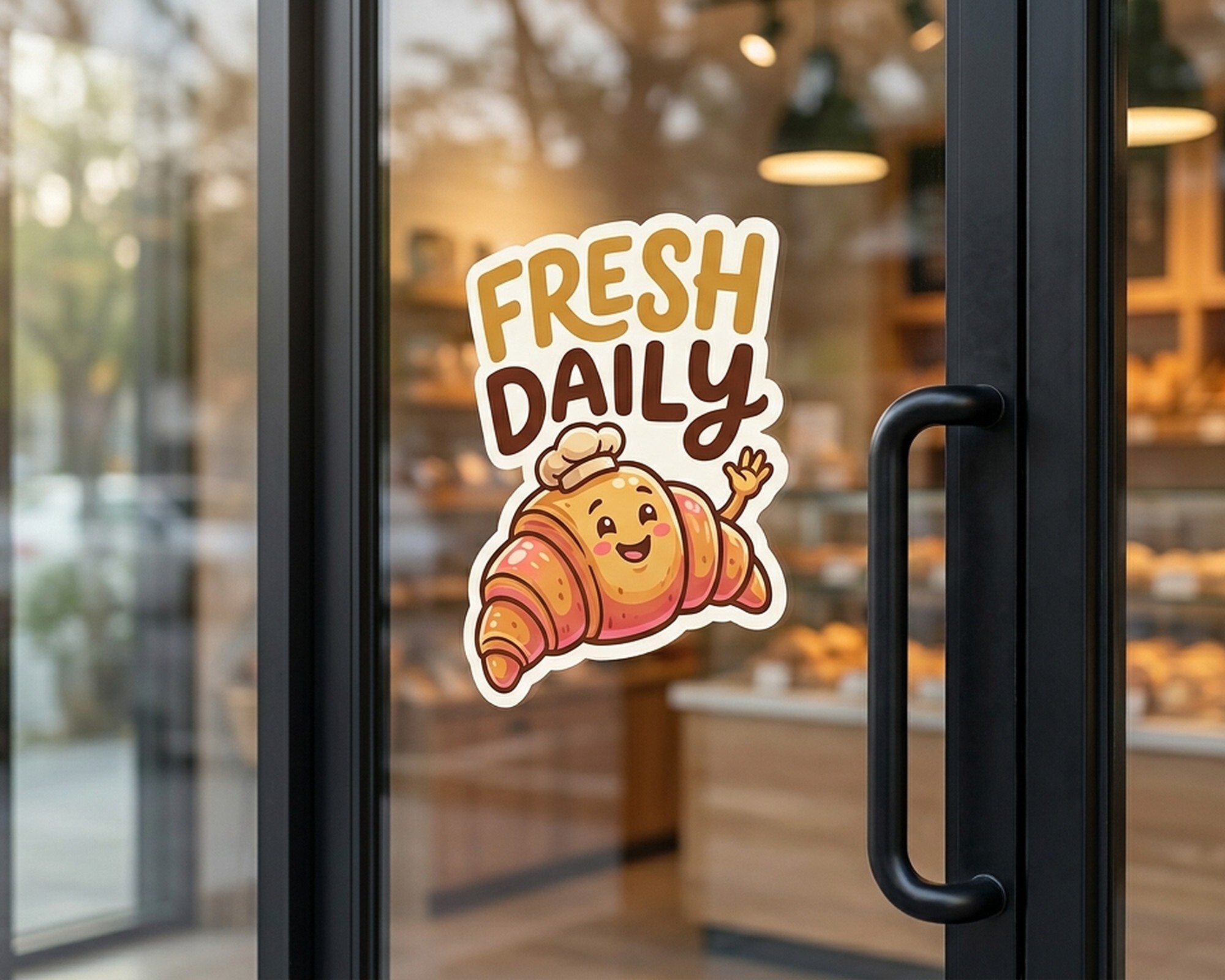 ベーカリーのガラスドアに貼られた、笑顔のクロワッサンと「Fresh Daily」の文字入りダイカットのオリジナルデカール