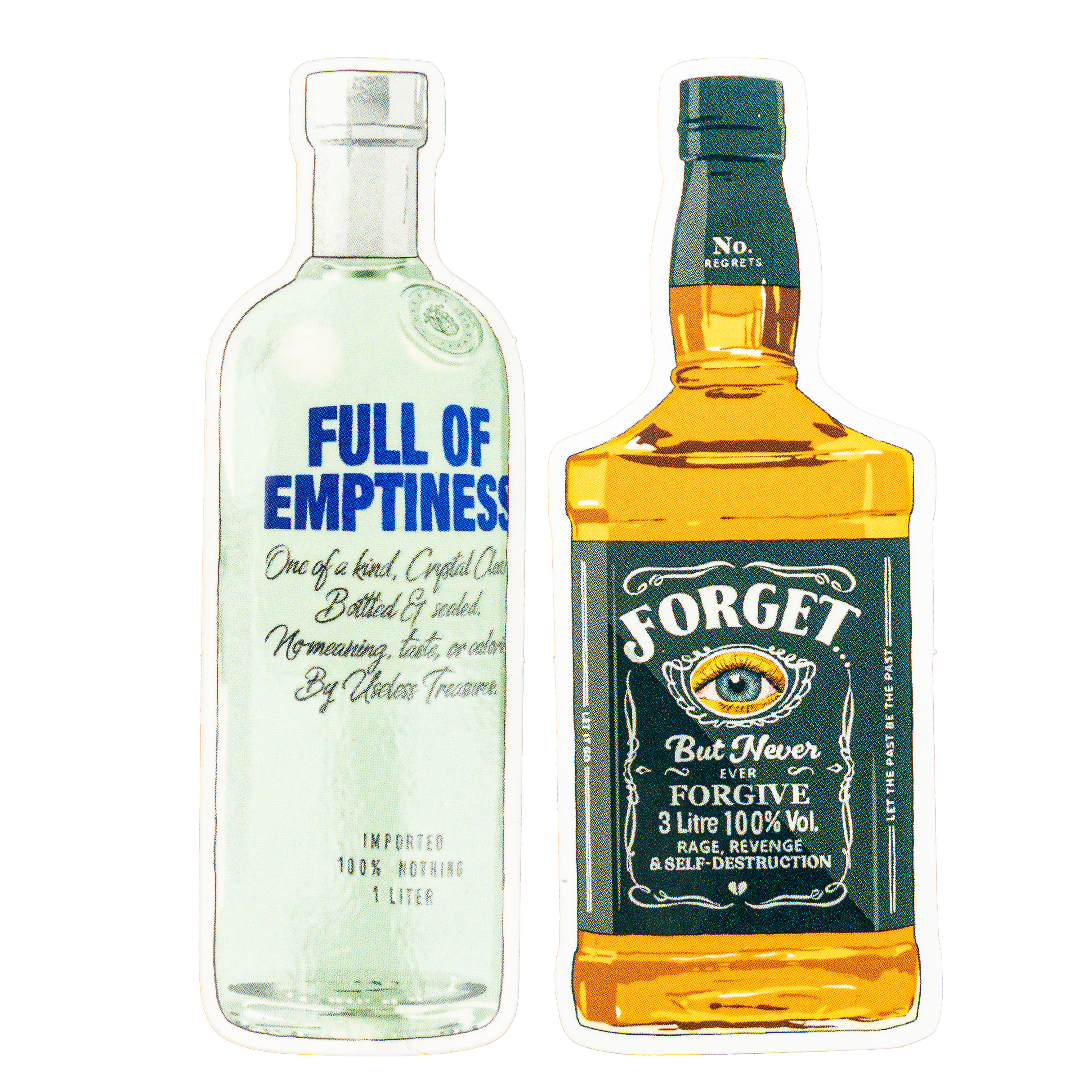 Sticker set of two bottles. One clear bottle says "Full of Emptiness," and the amber bottle says "Forget, but never forgive" with an eye design on its label.