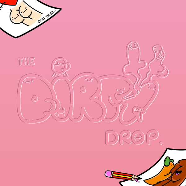 ピンクの背景にエンボス加工されたThe Dirty Dropのロゴ。四隅からイラストのステッカーシートがのぞく、ステッカーパックのティーザー