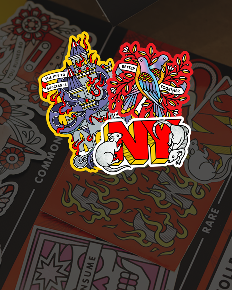 Colorful die-cut stickers featuring abstract designs: a snake surrounding a castle, birds with "Better Together," and white rats with the letter "NY."