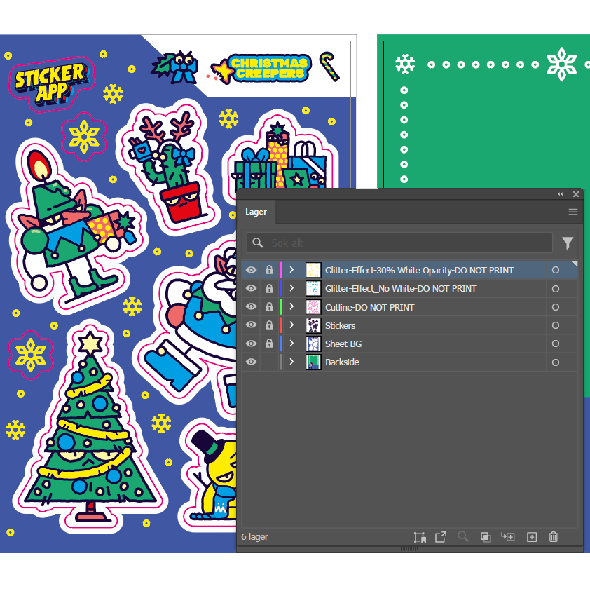 Sticker sheet design featuring festive cartoon characters, a Christmas tree, and presents, with a digital layers panel overlay.