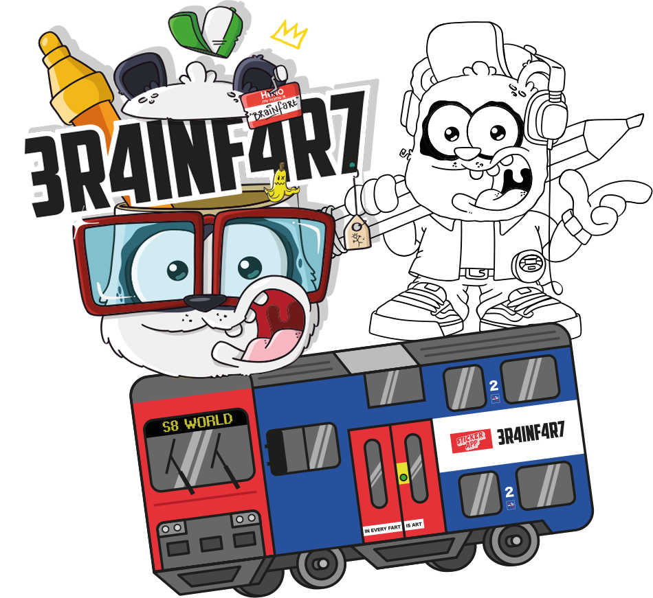 3R4INF4R7のロゴ、2人のキャラクター、S8 Worldの通勤電車を描いたBrainfart x StickerAppのイラスト